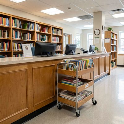 a school library counter with a returns trolley