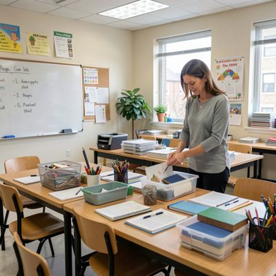 prep room teacher arranging classroom items