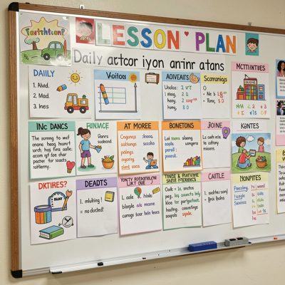 lesson plan board displaying daily activities