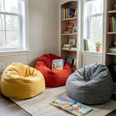 reading nook with bean bags and storybooks