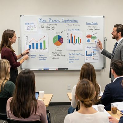 group presentation display on whiteboard