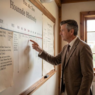a history teacher pointing at a timeline wall