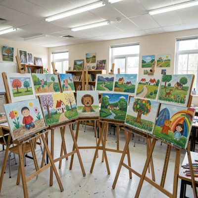 art classroom displaying student paintings on easels