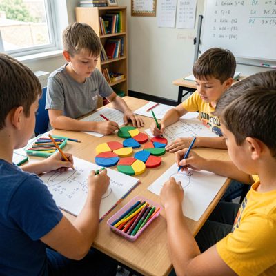 mathematics lesson using fraction circles on desk