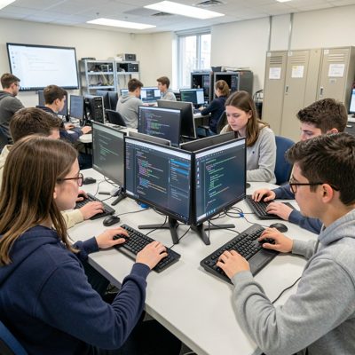 technology lab students coding on multiple screens