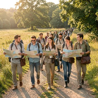 history field trip group walking with maps and bags