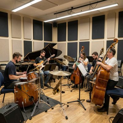 music ensemble rehearsing instruments in practice room