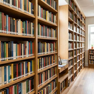 library aide shelving books alphabetically on shelves