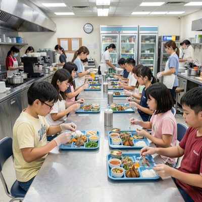 canteen serving lunch trays to seated students