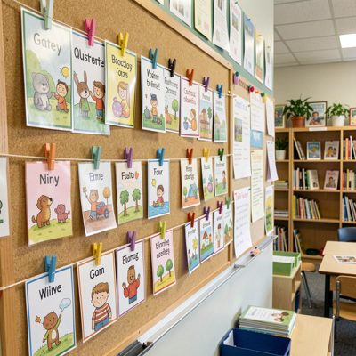 language class flashcards hanging from classroom wall