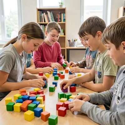 students sorting colored blocks in group