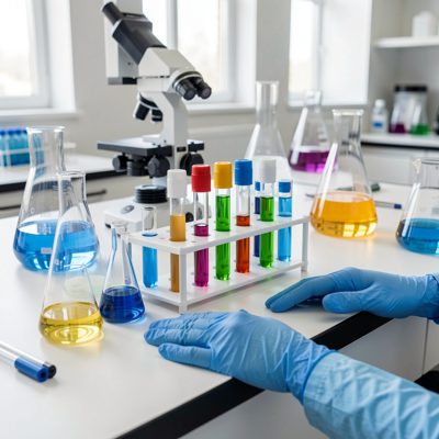 science lab bench with test tubes and gloves