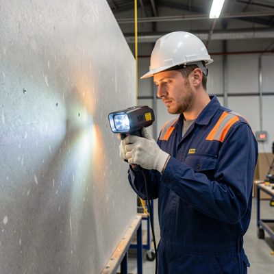 an engineer with a thermal camera at a panel