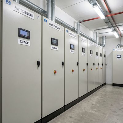 a switchgear room with labelled panels