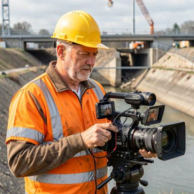 a drainage engineer with a camera reel