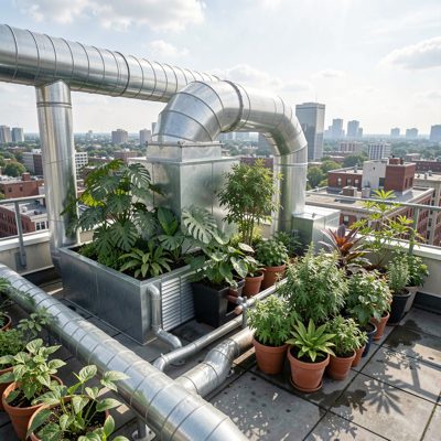 a rooftop plant room with ducting
