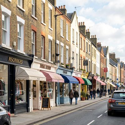 a terraced high street with shopfronts and awnings