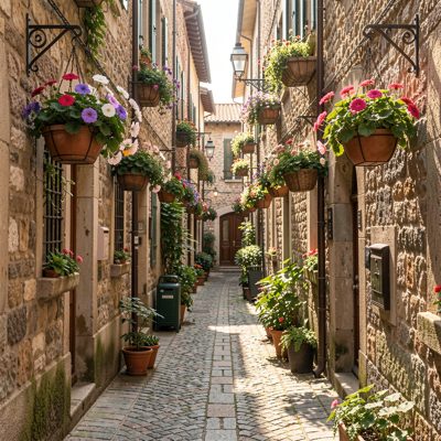 a narrow alley with hanging flower baskets