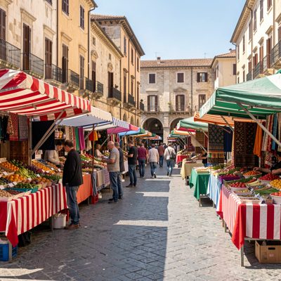 a market square with striped stalls