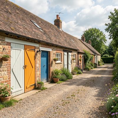 a mews of converted stables with painted doors