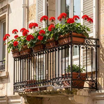 a wrought iron balcony with geraniums