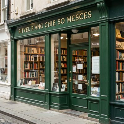 a bookshop with a green painted front