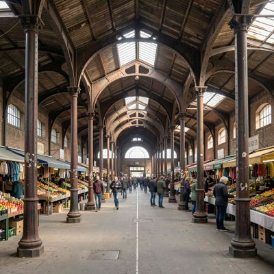 a covered market hall with iron columns