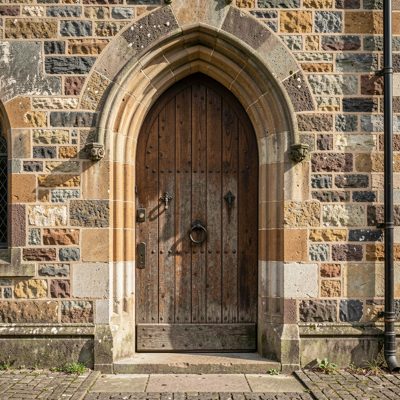 a church door set into a stone wall