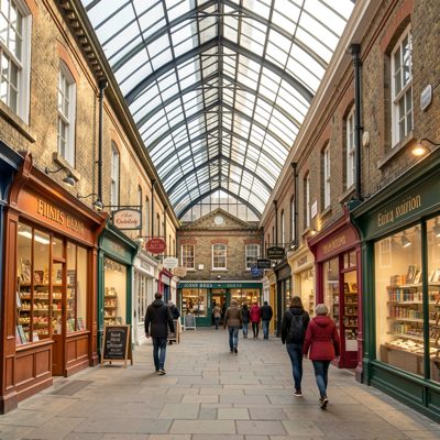 an arcade of small shops under a glass roof