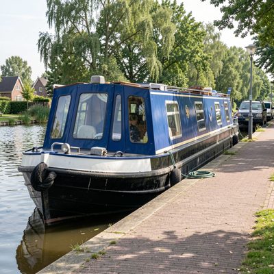 a canal boat moored beside a towpath