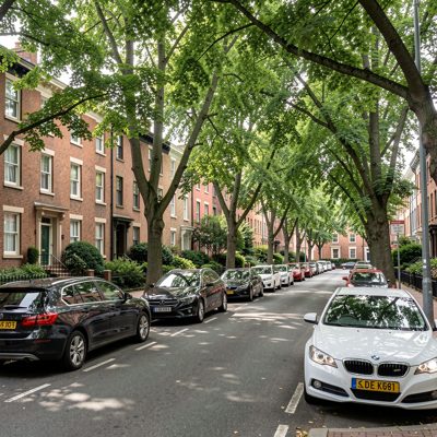 a residential street with parked cars and street trees