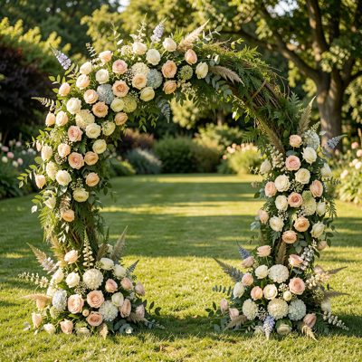 a wedding arch of flowers on a lawn