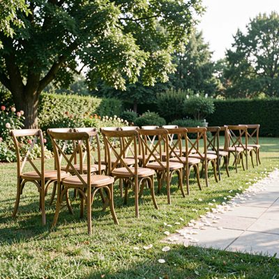 a row of chairs set out for an outdoor ceremony