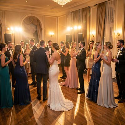 a dancefloor with guests under warm lighting