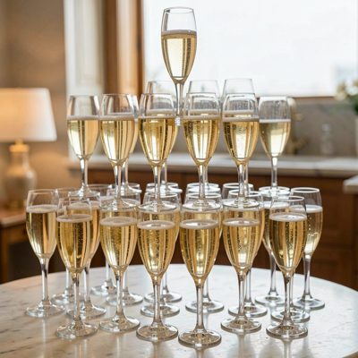 champagne glasses arranged in a pyramid