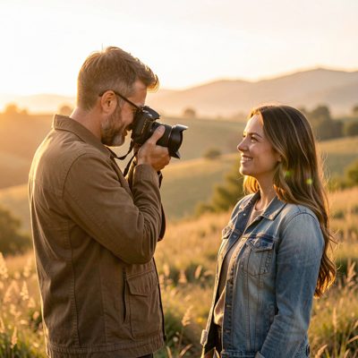 a photographer capturing a man and a woman at golden hour