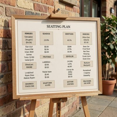 a seating plan displayed on an easel