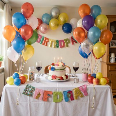 a birthday table with balloons and a cake