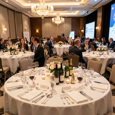 a corporate awards dinner with round tables