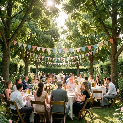 a garden party with bunting between trees
