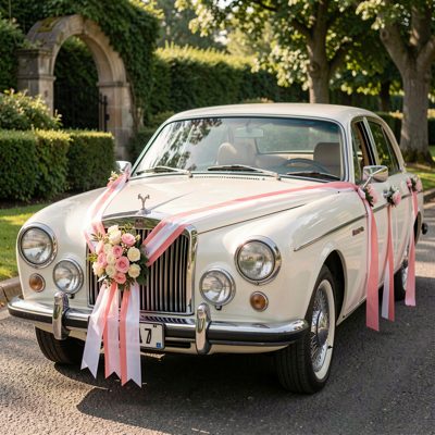 a wedding car decorated with ribbon