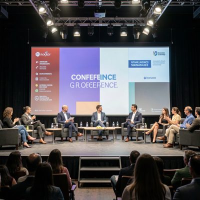 a stage set for a conference panel discussion