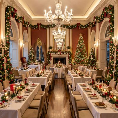 a hall decorated for a christmas party