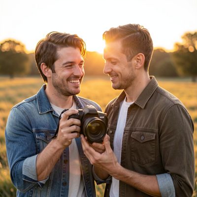 a photographer capturing a male couple at golden hour