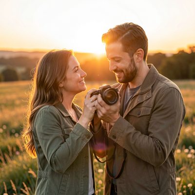 a photographer capturing a female couple at golden hour