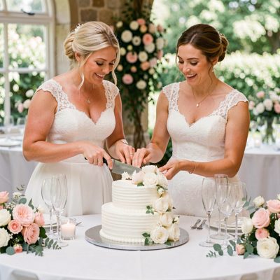 two brides cutting a wedding cake together