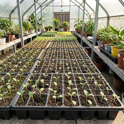 seedlings in trays in a propagation house