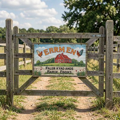 a farm gate with a hand painted sign