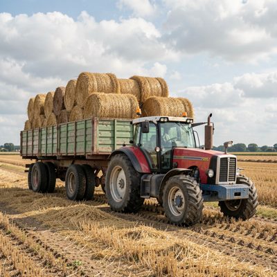 a tractor and trailer loaded with bales