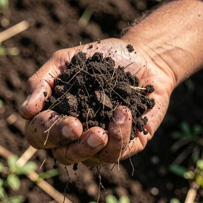 a hand holding a fistful of dark soil